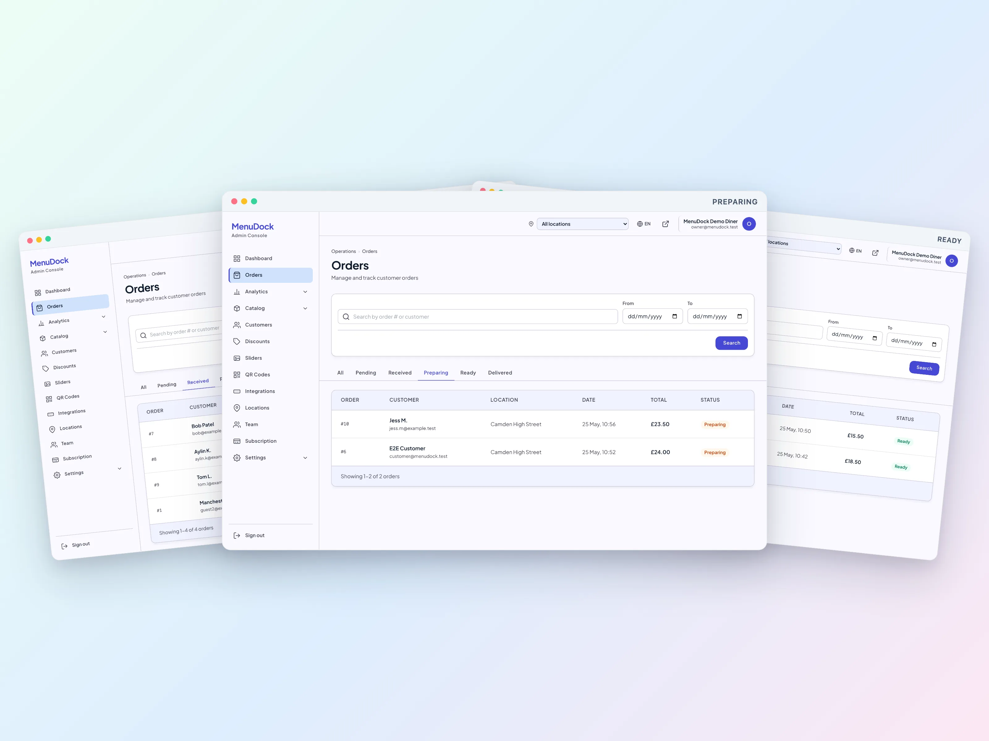 MenuDock admin Orders page filtered to received, preparing and ready — three windows side by side
