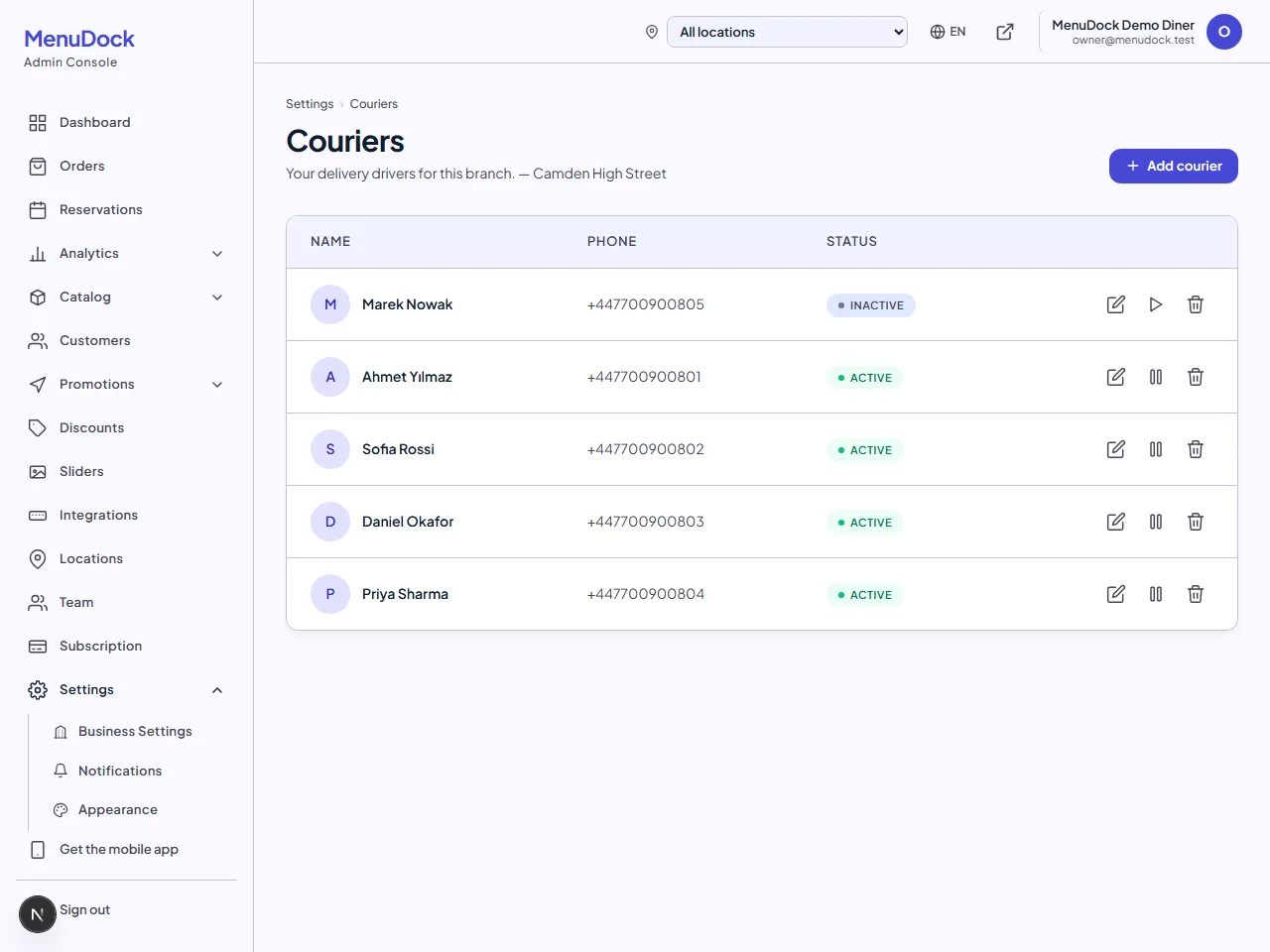 MenuDock admin Couriers page listing five drivers for one branch with their phone numbers and active status