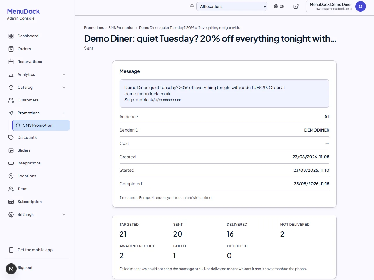 MenuDock campaign detail page showing targeted, sent, delivered, not delivered, awaiting receipt, failed and opted-out counts for a finished campaign