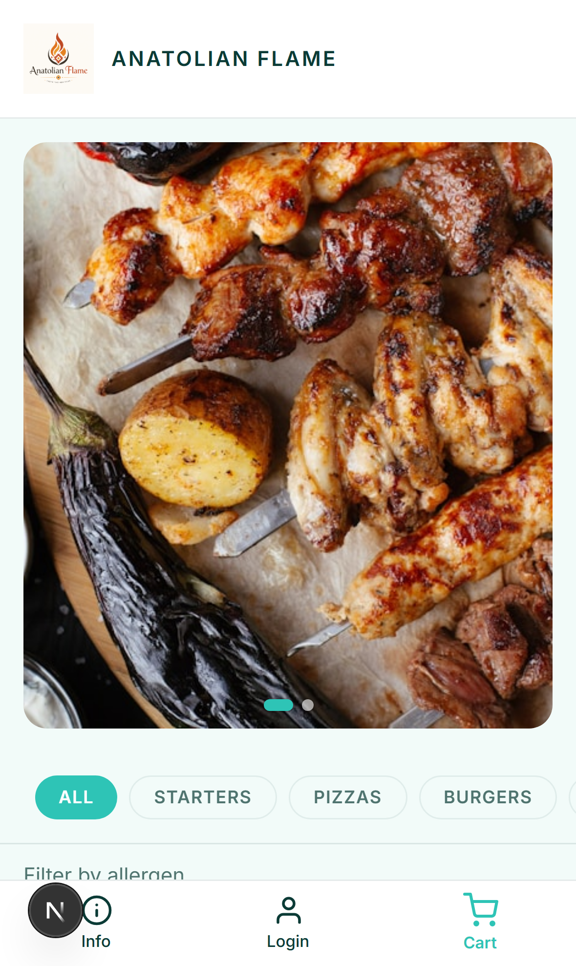 MenuDock storefront on mobile — Anatolian Flame menu with category filters