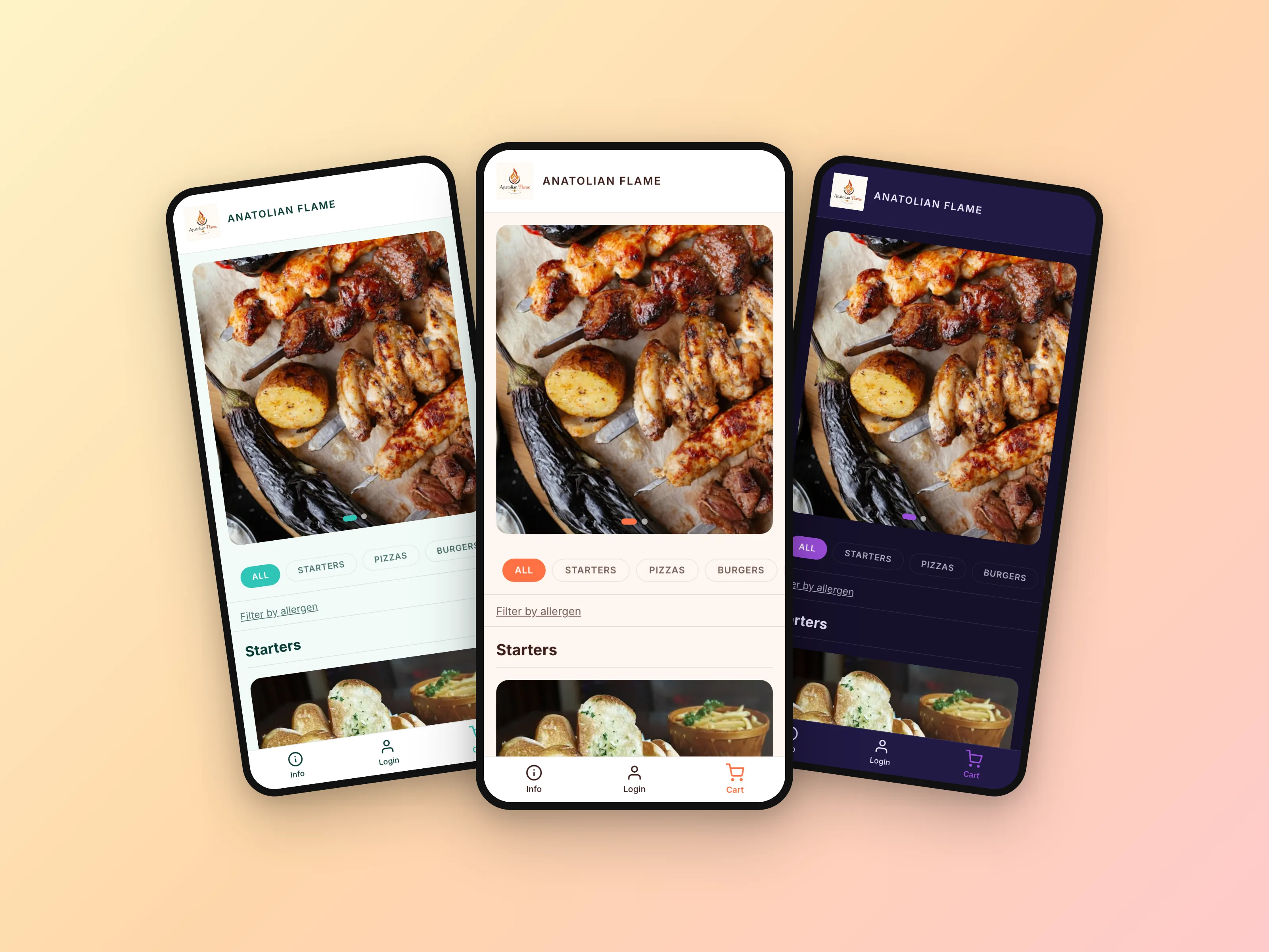MenuDock storefront in three themes: mint, sunset and midnight